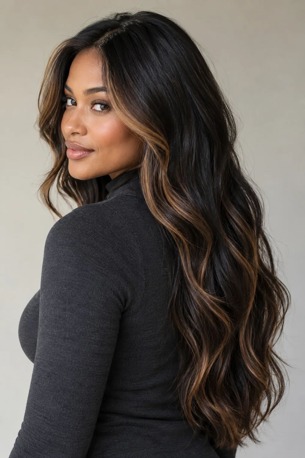 A woman with long, loose black waves and fine caramel highlights framing her face, shown in a three-quarter turn.
