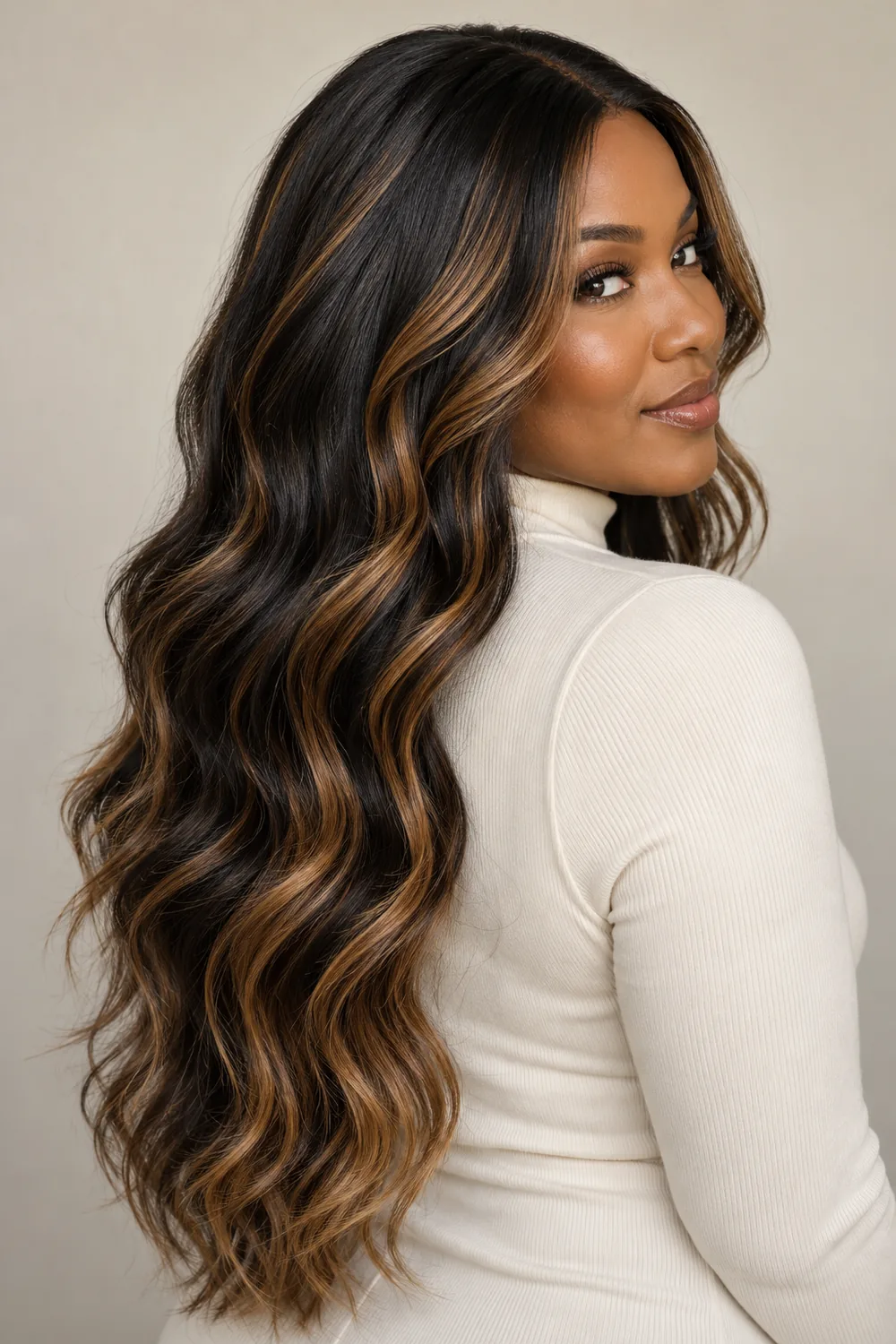 A woman in a cream high-neck top looks over her shoulder, showing long black waves with broad golden caramel ribbons from crown to ends.
