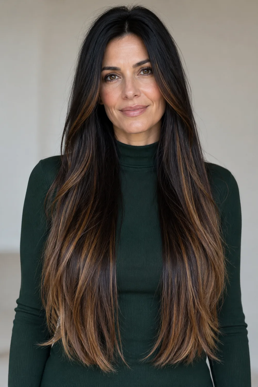Adult woman in a dark green high-neck top with long black hair and warm caramel ribbons through the face-framing pieces and lengths.