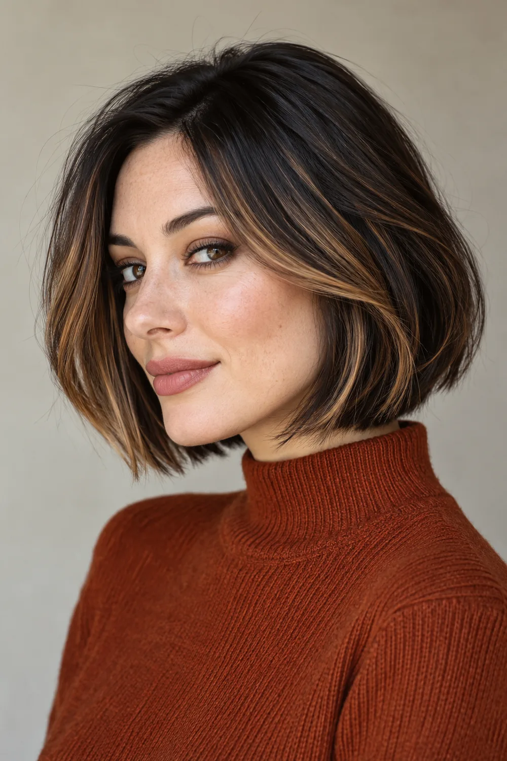 Three-quarter portrait of an adult woman with a chin-length black bob and fine caramel highlights around the temples and through the outer layers, wearing a rust-colored high-neck sweater.