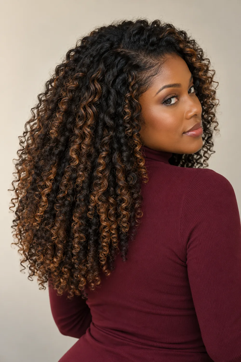 Adult woman in a three-quarter portrait with long black curls traced by caramel highlights and a burgundy high-neck top.