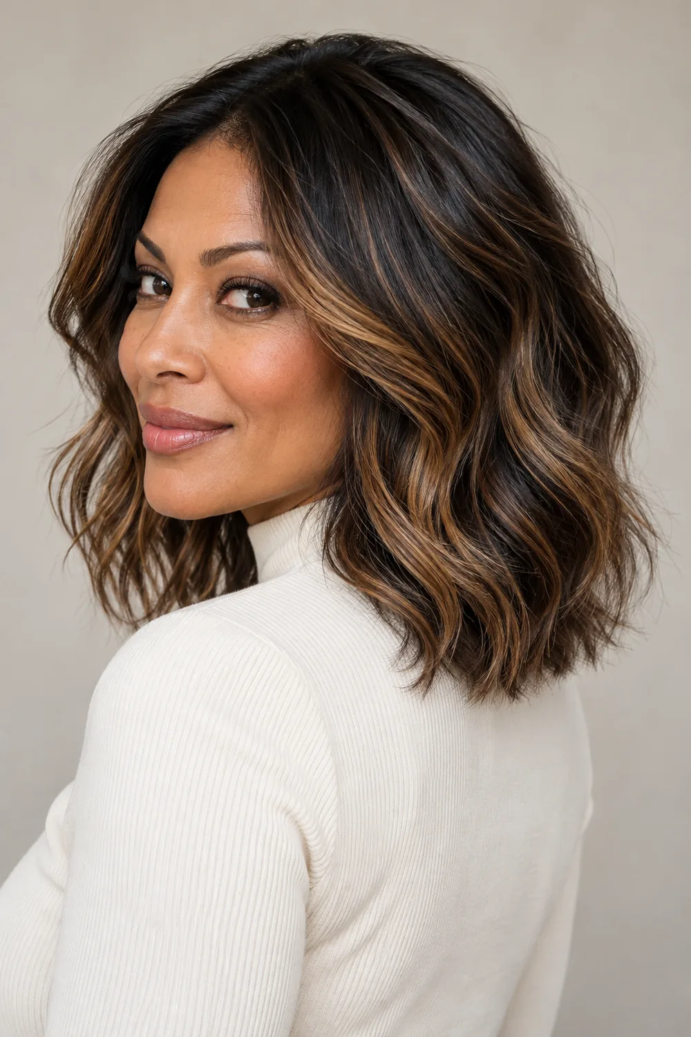 Adult woman in a rear three-quarter portrait with a complete, wavy black lob threaded with caramel highlights and a soft root blend.