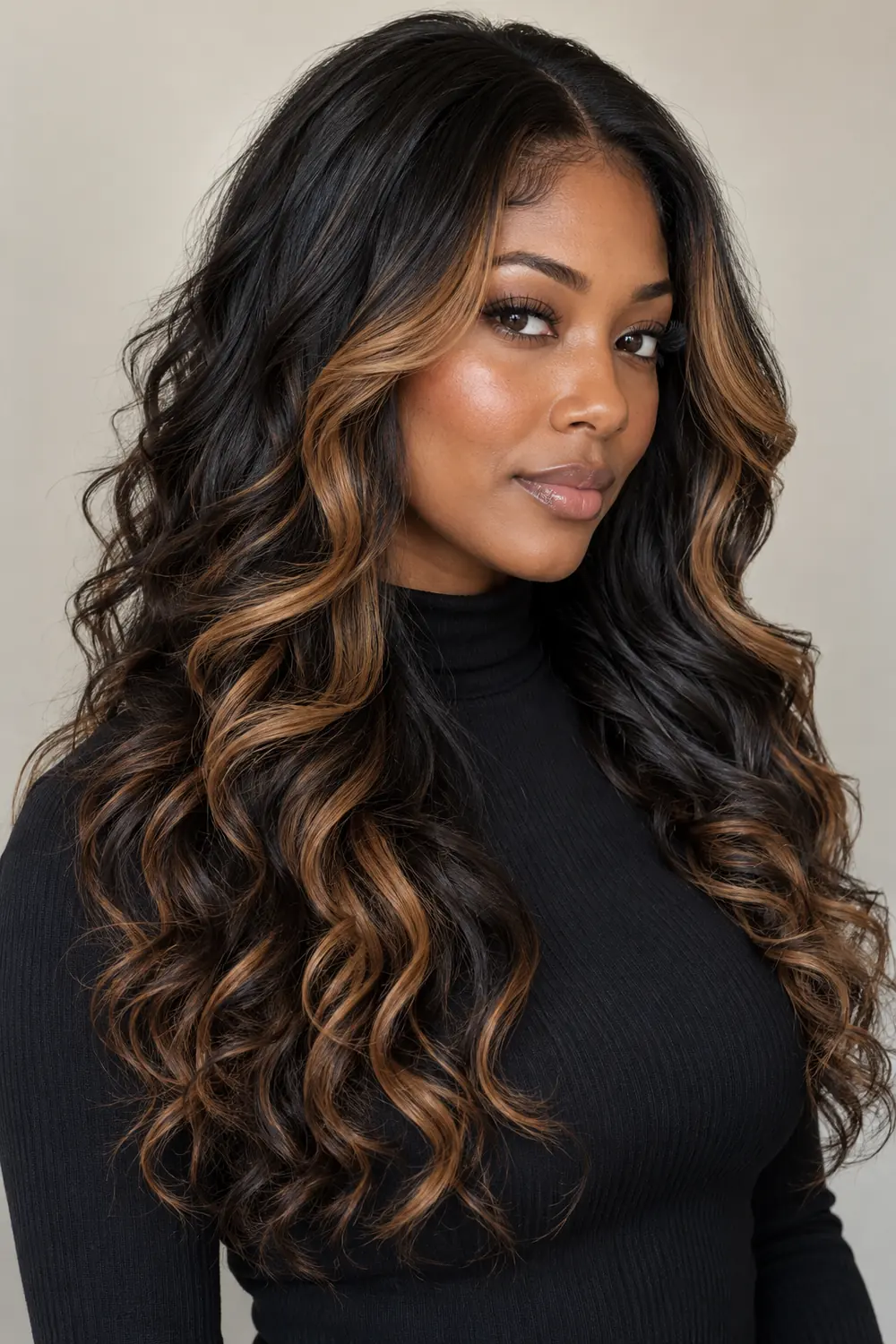 A woman with long, layered black curls and golden caramel highlights framing her face and appearing through the outer lengths.