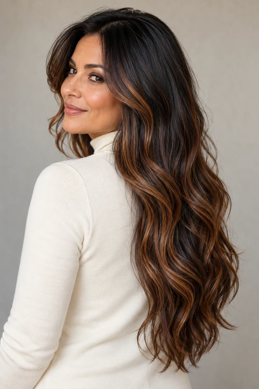 Long, wavy black hair with copper-toned caramel ribbons through the outer lengths, shown in a three-quarter rear portrait.