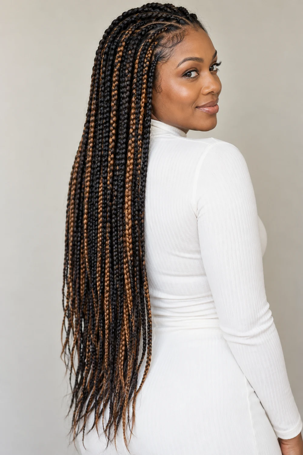 A woman in a white high-neck top looks over her shoulder, showing waist-length black braids with caramel sections woven from crown to ends.