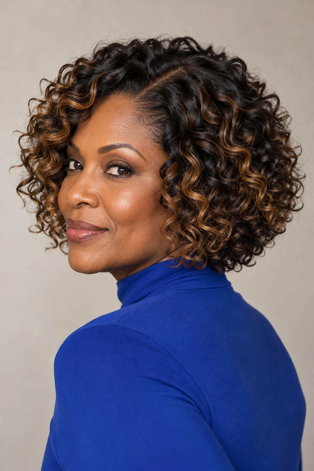 Adult woman in a cobalt high-neck top, shown in three-quarter view with a rounded black curly bob and caramel highlights tracing selected curls.