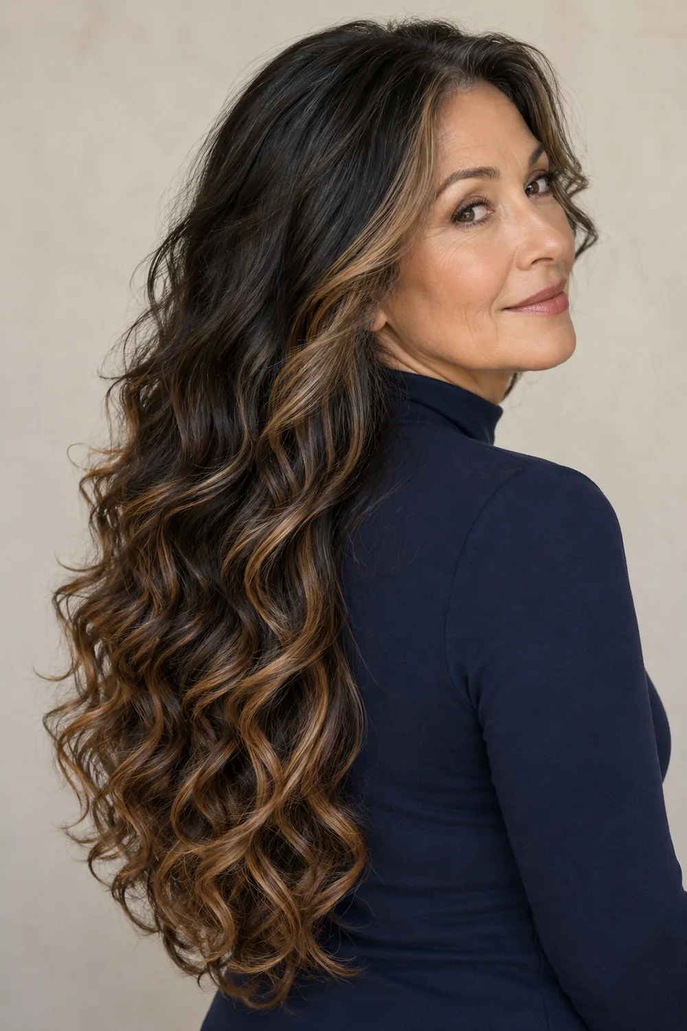 Adult woman with long, loose black curls and caramel ribbons through the lengths and fine temple accents, wearing a high-neck navy top.
