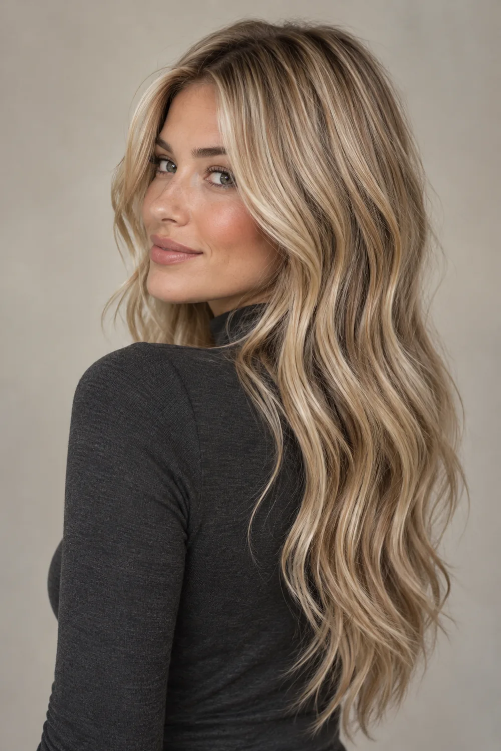 A woman in a charcoal high-neck top with long beige blonde waves and fine taupe lowlights throughout the lengths.
