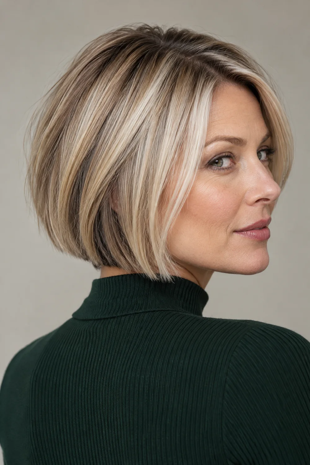 A woman in a forest green high-neck top wears a pale ash blonde blunt bob with darker smoky lowlights visible beneath the crown and at the nape.