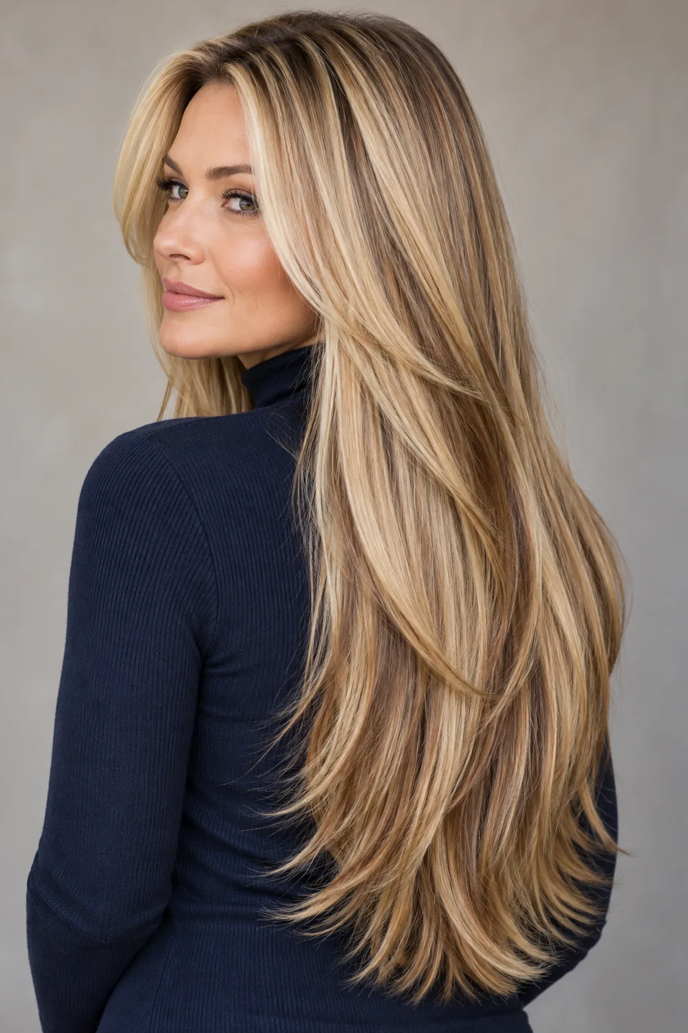 Long golden blonde layered hair with caramel lowlight ribbons through the lengths, shown from a three-quarter rear angle.
