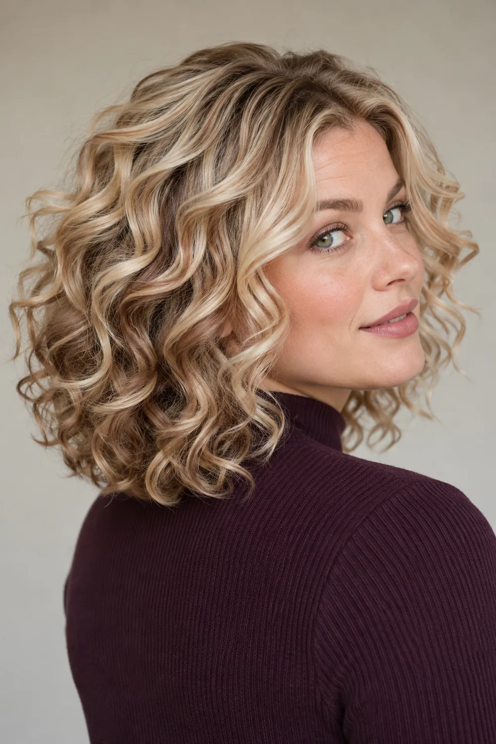 Adult woman in a plum high-neck top, showing shoulder-length rose-beige blonde curls with visible cocoa lowlights through the inner layers.