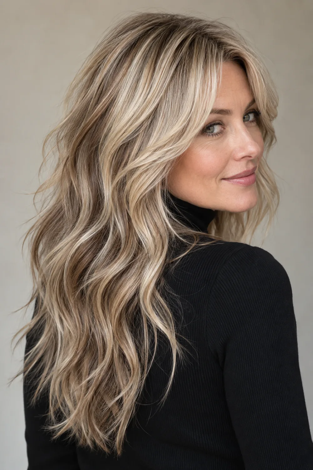 A woman in a black high-neck top with long, wavy cool blonde shag hair and visible taupe lowlights, shown from crown to ends.