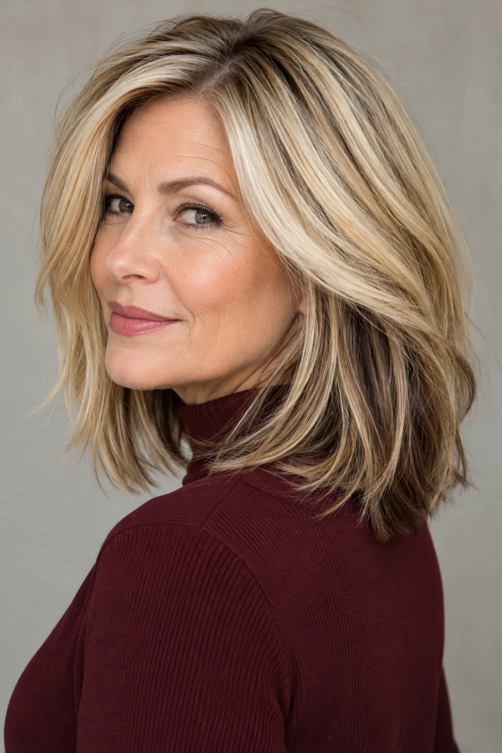 A woman with a creamy blonde layered lob and visible chestnut lowlights beneath the sides and ends.