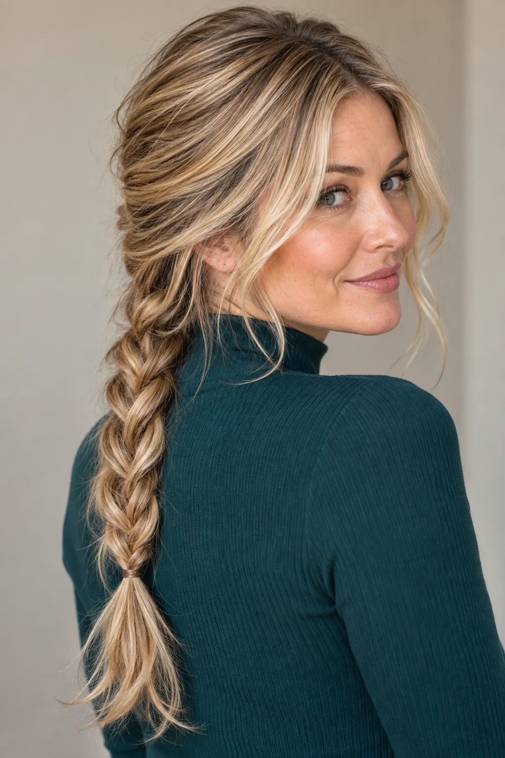 An adult woman in a teal high-neck top, looking over her shoulder with sandy blonde hair woven with darker lowlights and styled in a long braid.