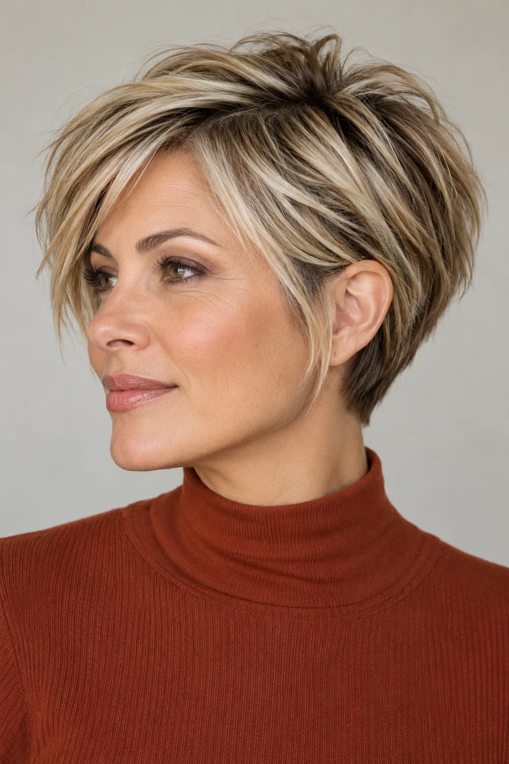 Three-quarter portrait of an adult woman with a champagne blonde pixie, visible dark lowlights at the roots and crown, and a rust high-neck top.