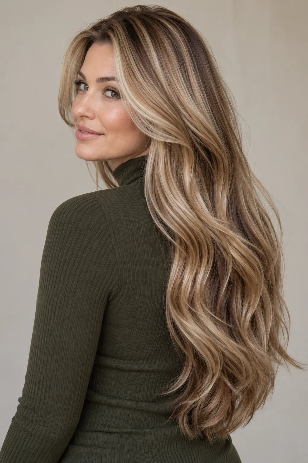 A woman with long, softly waved toasted almond blonde hair and flowing cocoa lowlights, shown in a side part and turned pose.