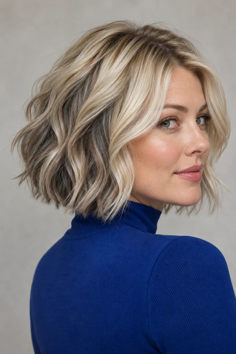 A wavy pearl blonde bob with dark smoke-gray lowlights visible through its interior layers and ends, shown from a three-quarter angle.