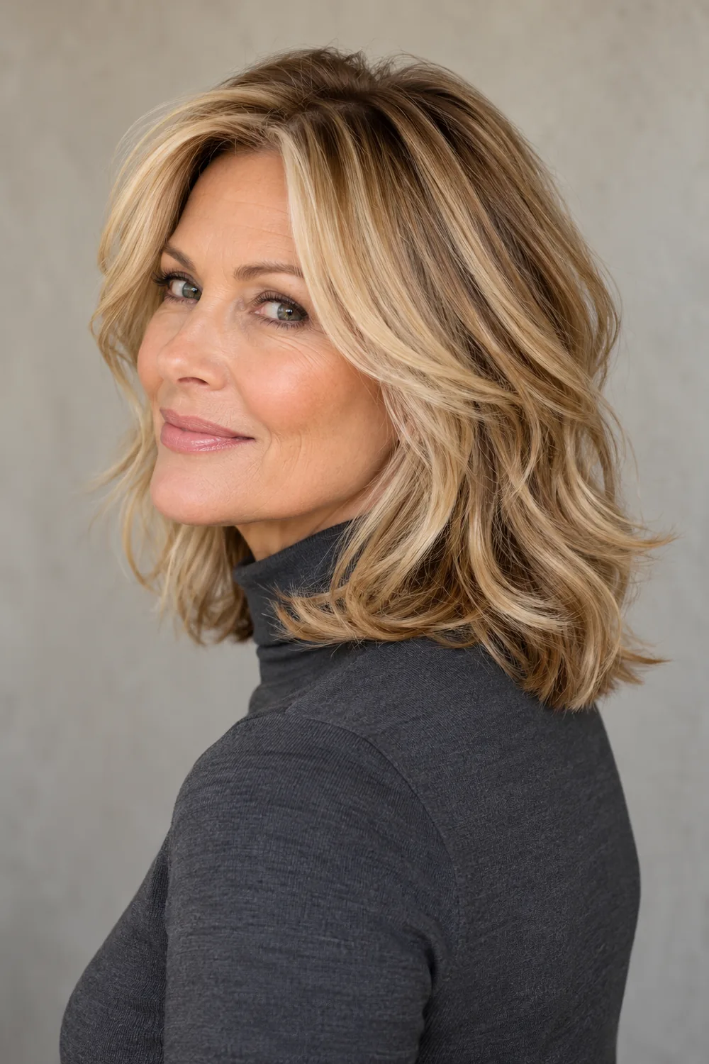 Layered butterscotch blonde hair with golden-brown lowlights concentrated at the crown.