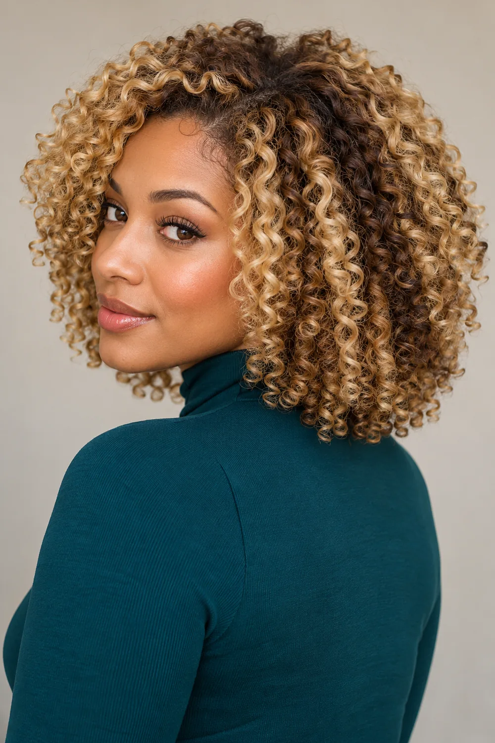 A woman in a deep teal top looks over her shoulder, showing shoulder-length golden blonde coils with walnut lowlights throughout.