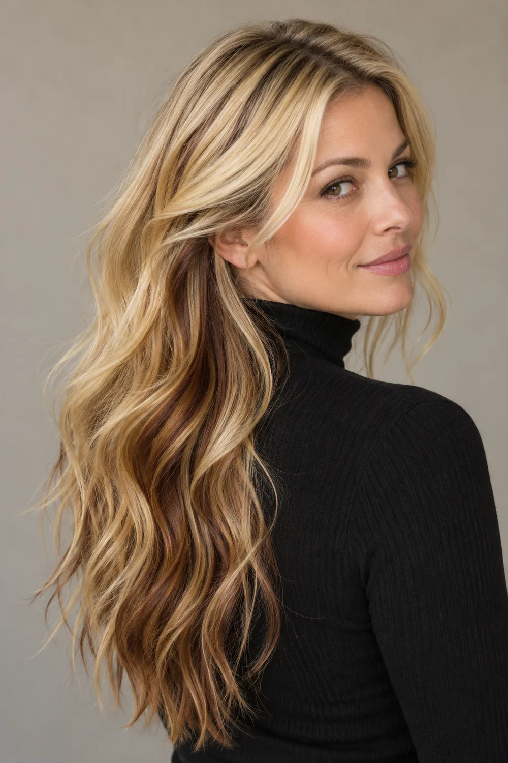 A woman with long, wavy light-gold blonde hair and visible copper-brown lowlight panels underneath, wearing a black high-neck top.