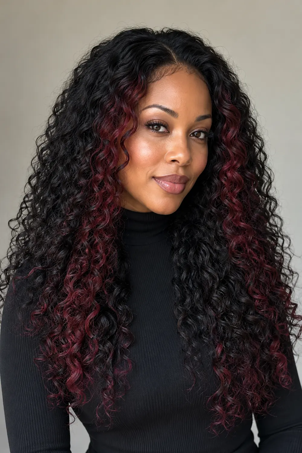 Adult woman with long coily black hair and burgundy face-framing highlights, shown from crown to ends.
