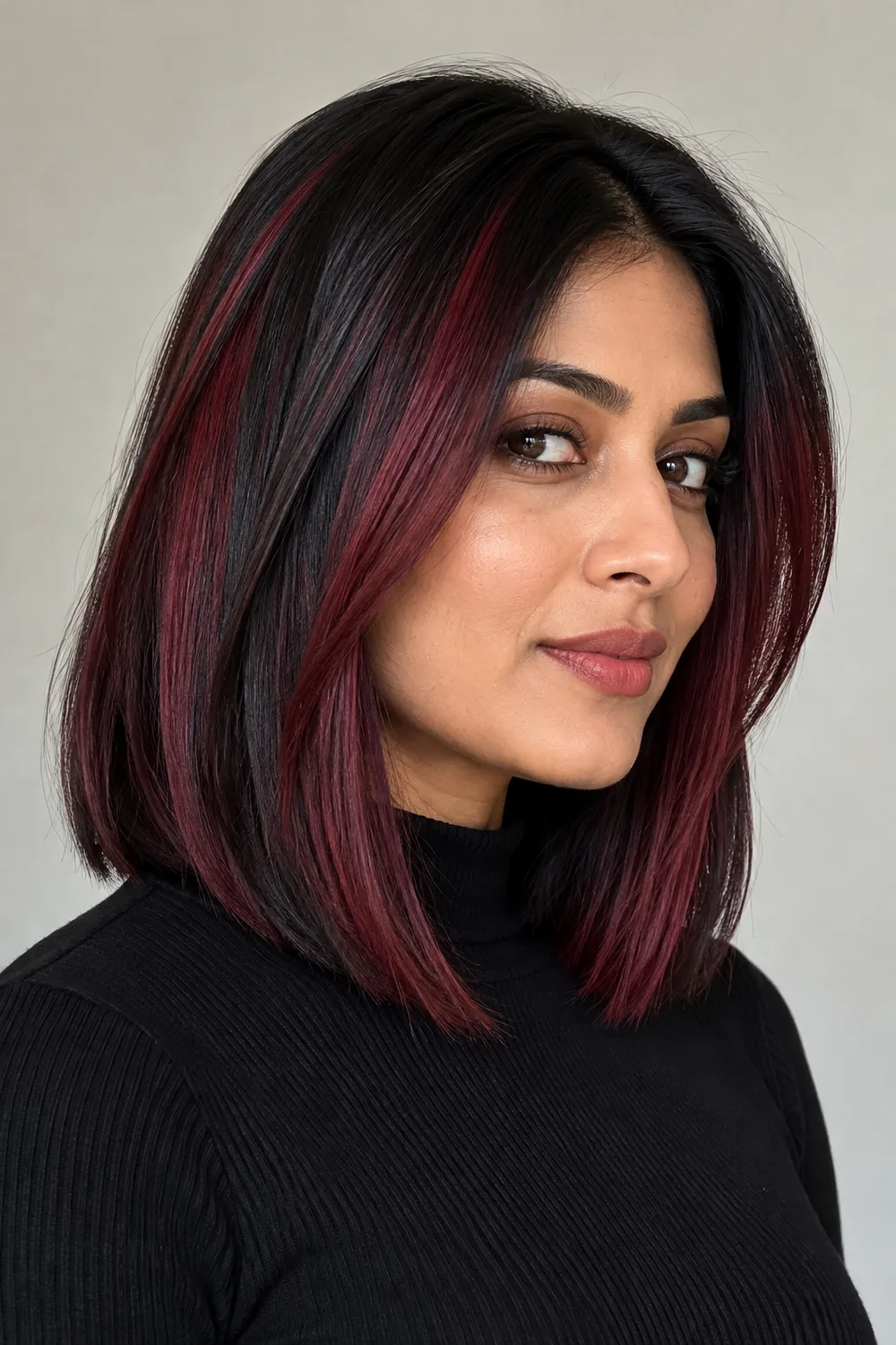 A woman with a collarbone-length straight black lob and wide burgundy panels through the front and sides, photographed from a three-quarter angle.