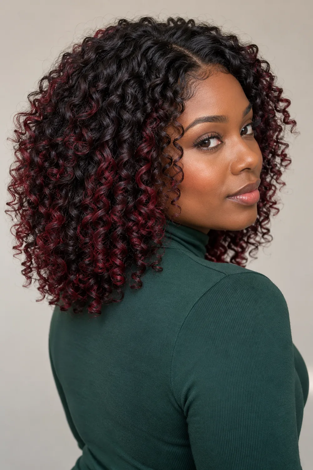 Adult woman in a forest-green high-neck top, looking back over her shoulder; her shoulder-length black curls have scattered burgundy highlights through the lengths and ends.