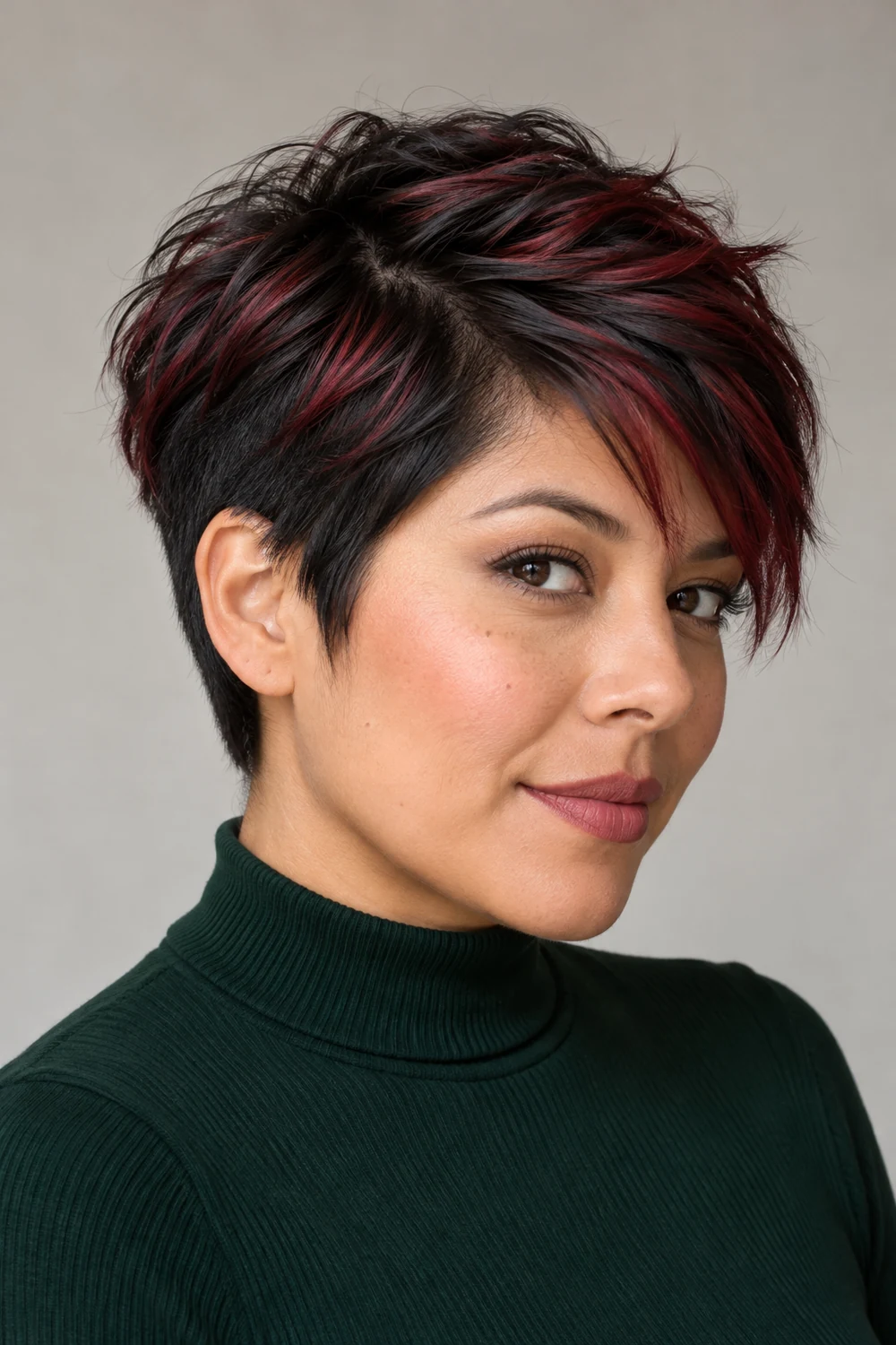 Adult woman in a short black pixie cut with vivid burgundy highlights across the longer textured top and fringe, photographed from a three-quarter angle.