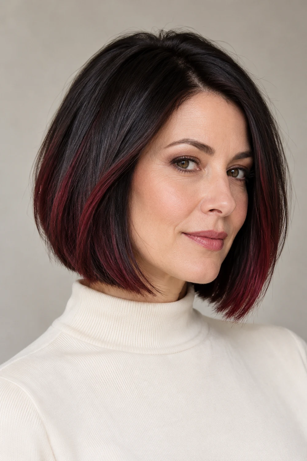 Three-quarter portrait of an adult woman with a chin-length black bob and deep burgundy highlights along the lower sides and ends.
