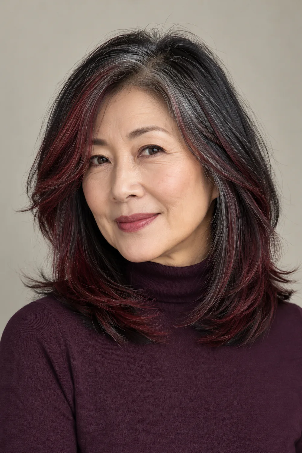 A Japanese woman with medium-length layered black hair, silver strands at the part and temples, and burgundy highlights through the front layers and ends, wearing a plum high-neck top.