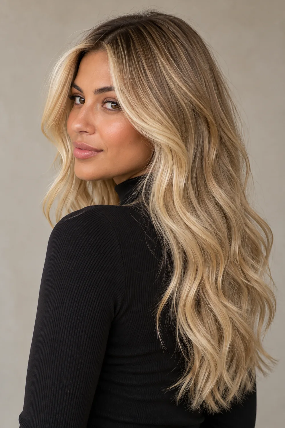 A woman in a black high-neck top turns toward the camera, showing long loose waves with a beige-blonde base, darker roots, and pale buttery face-framing highlights.