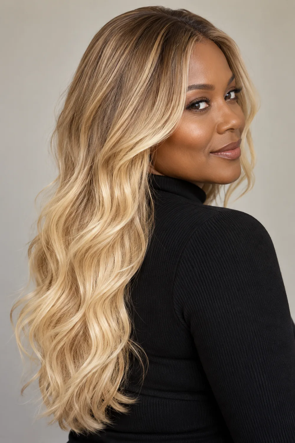 A Black woman in a black high-neck top looks over her shoulder, showing long loose waves with sandy beige roots fading into pale butter-blonde lengths and ends.
