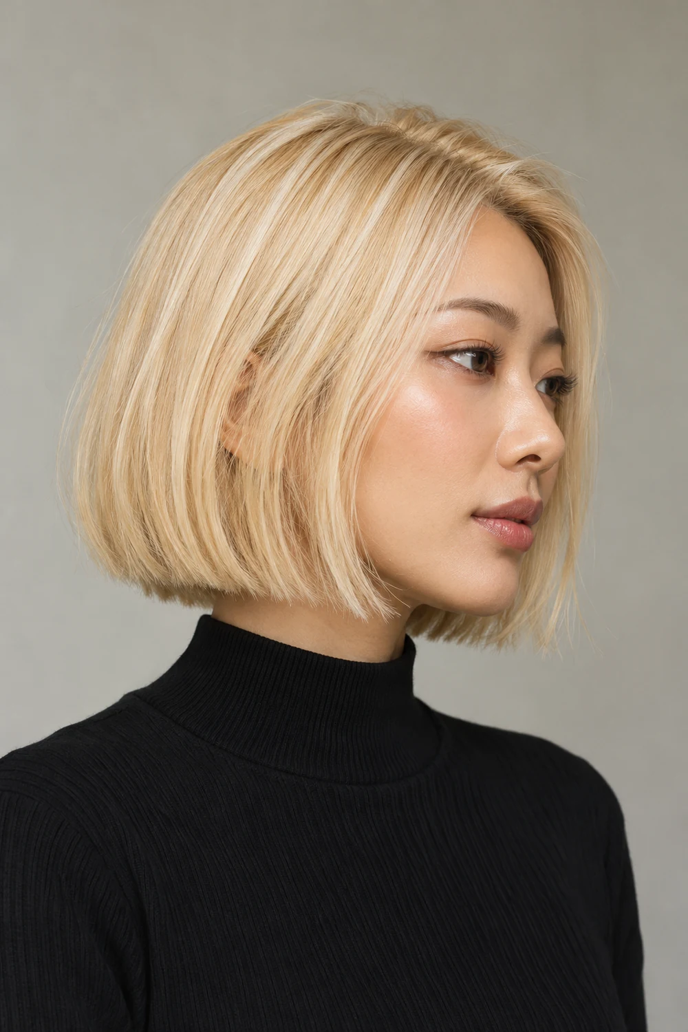 An adult East Asian woman in a black high-neck top, shown in side profile with a jaw-length pale butter-blonde blunt bob and softly bent ends.