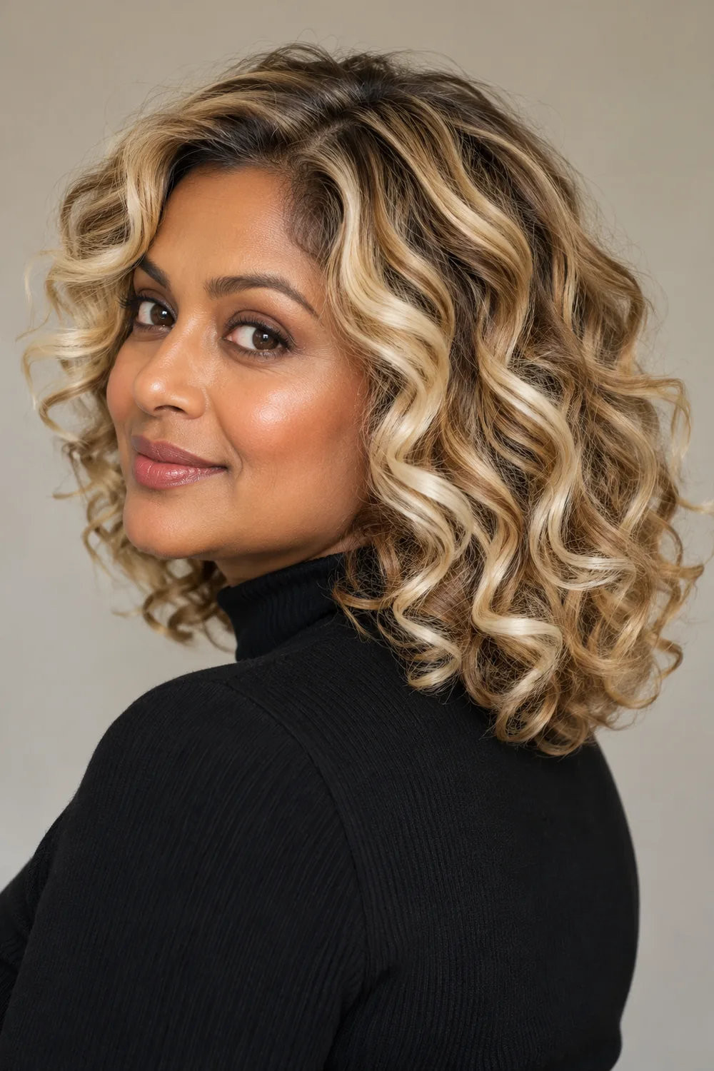 A South Asian woman with shoulder-length defined curls, broad pale butter-blonde ribbons, and a deeper beige-blonde base, photographed in three-quarter view.