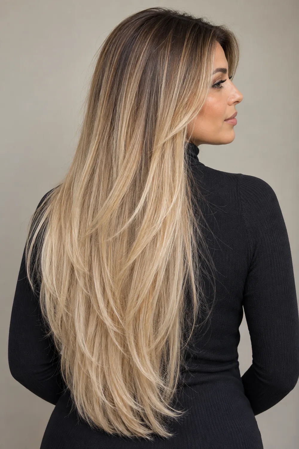 A woman in a black high-neck top shown from a three-quarter rear angle, with long layered hair transitioning from a deep taupe-beige root into pale buttery blonde lengths.