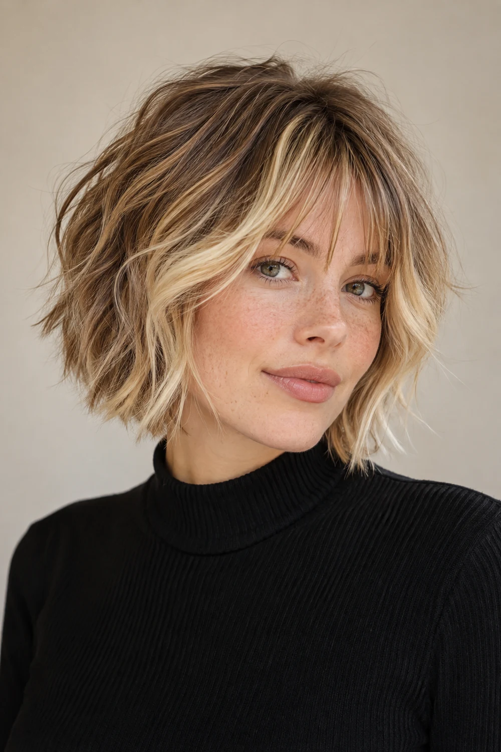 A freckled woman with a chin-length tousled shag, pale butter-blonde face-framing panels and fine top accents over a bronde base.