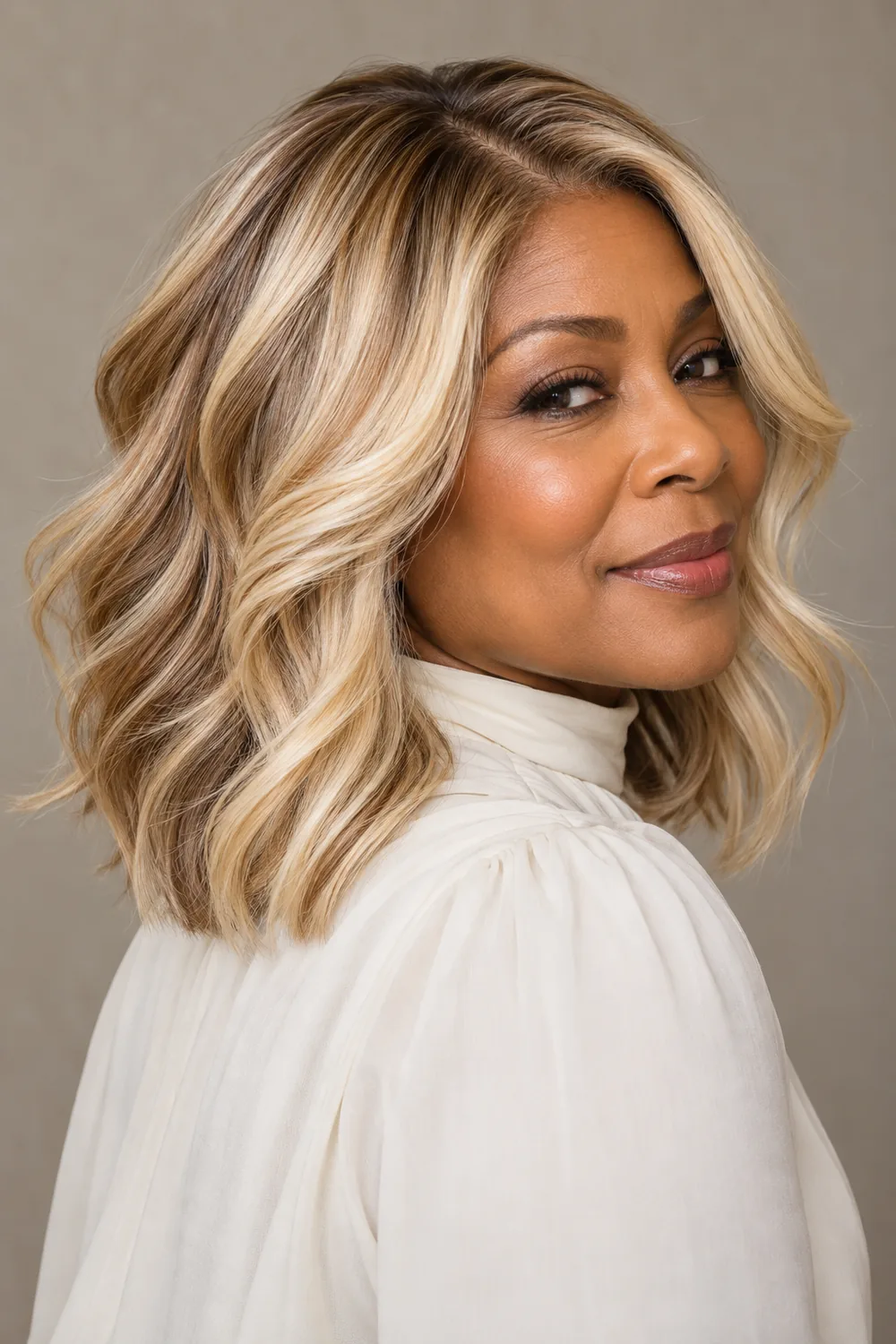A Black woman with a softly waved, collarbone-length butter-blonde lob, caramel-beige lowlights, and pale face-framing ribbons.