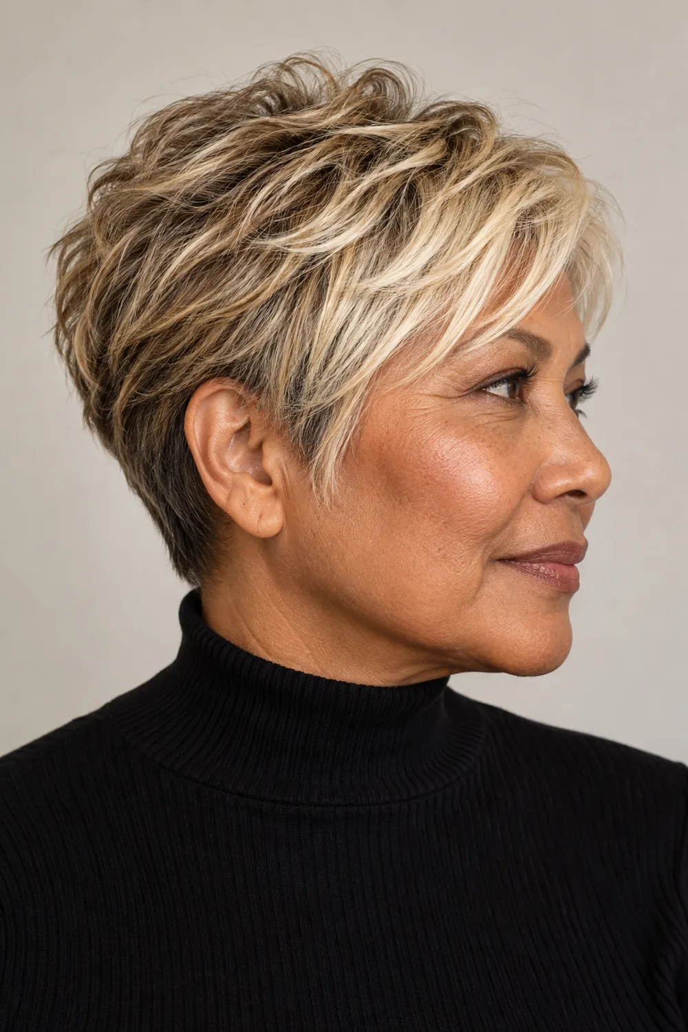 A mature woman in profile with a short textured pixie, darker beige-blonde sides, and pale butter-blonde accents across the top and fringe.