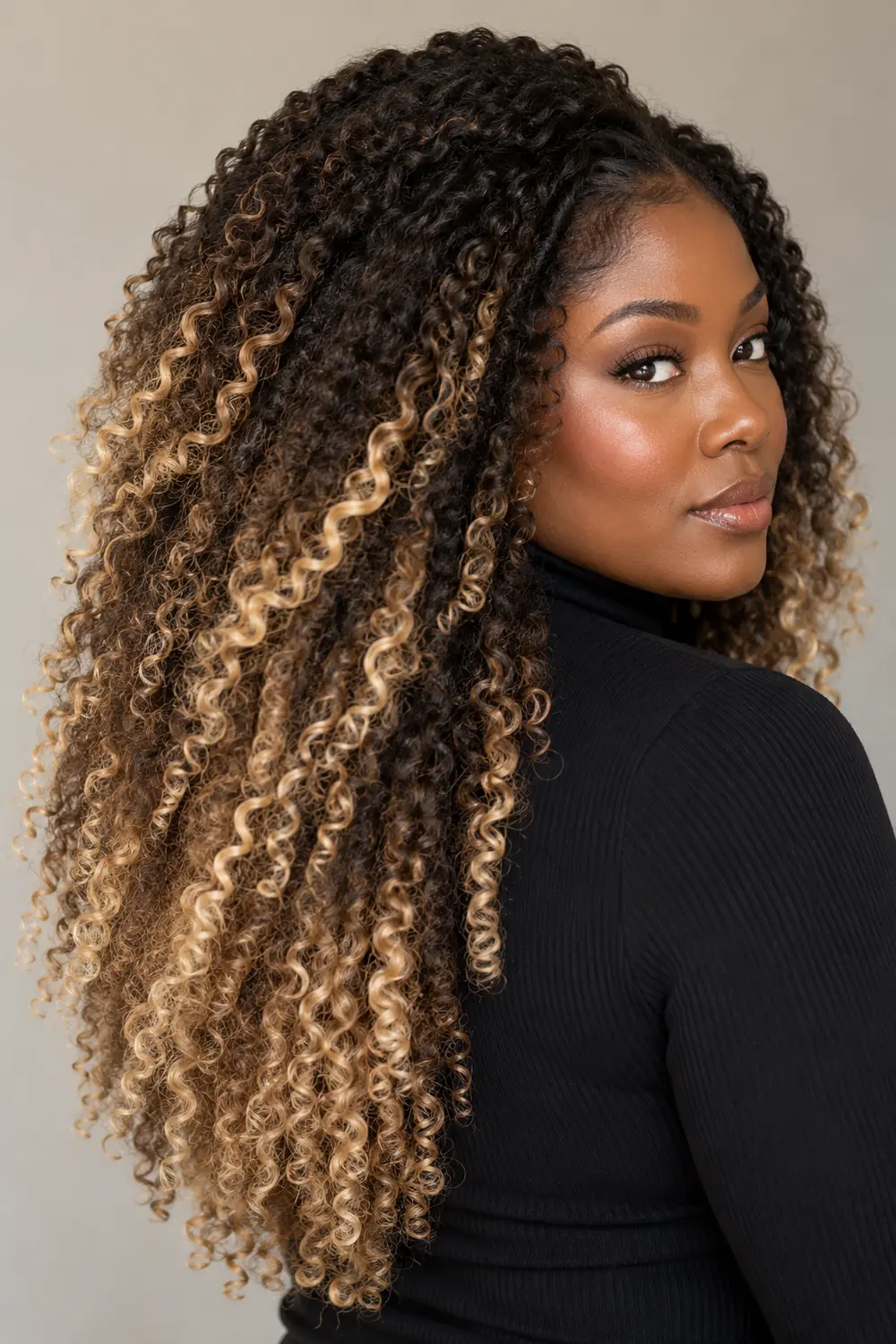 Long natural coils with warm pale butter-blonde balayage over a deep brown base, shown in a three-quarter rear view.