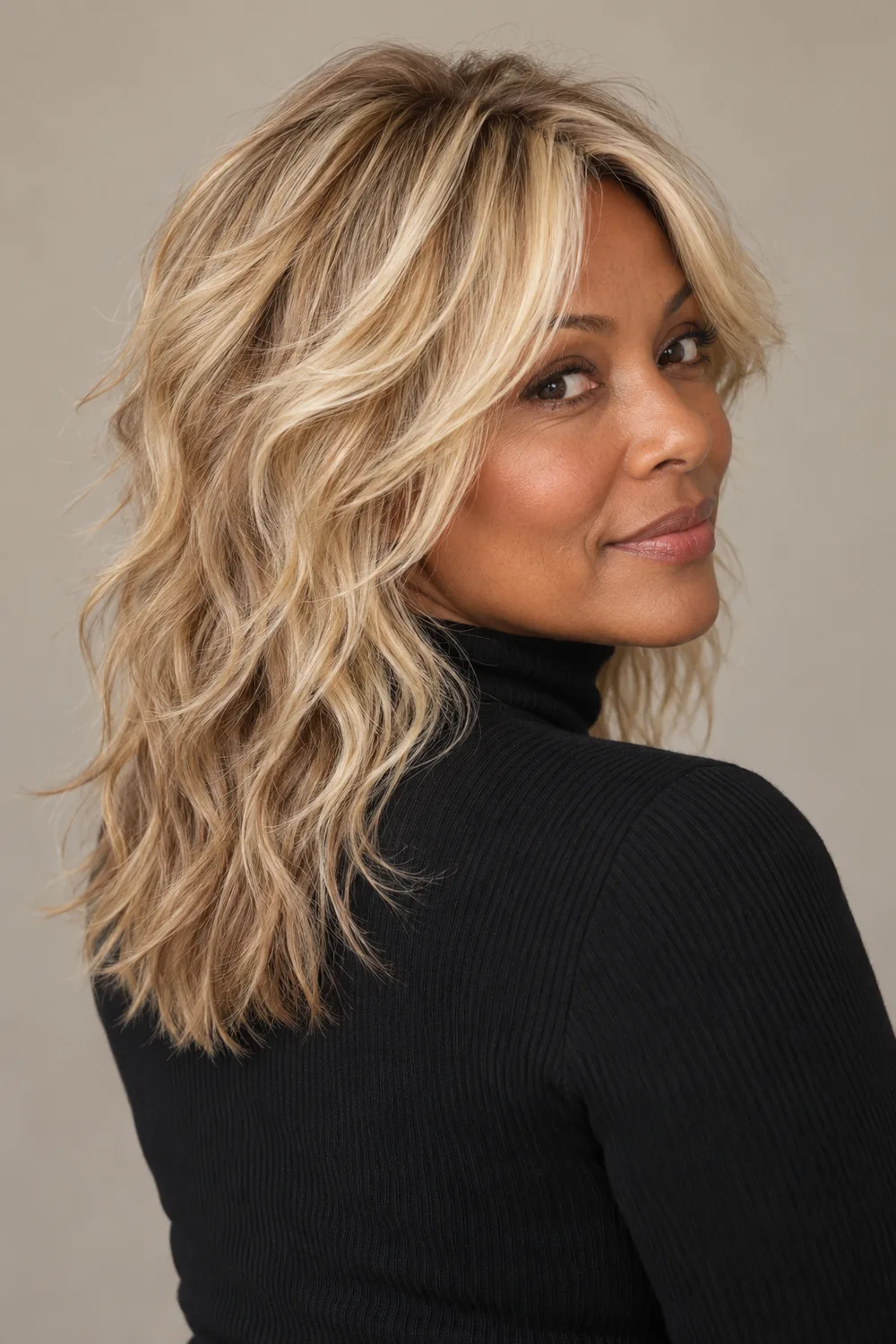 A woman in a dark high-neck top looks over her shoulder, showing a full, wavy layered shag with bright butter-blonde face-framing highlights and a softer beige-blonde back.