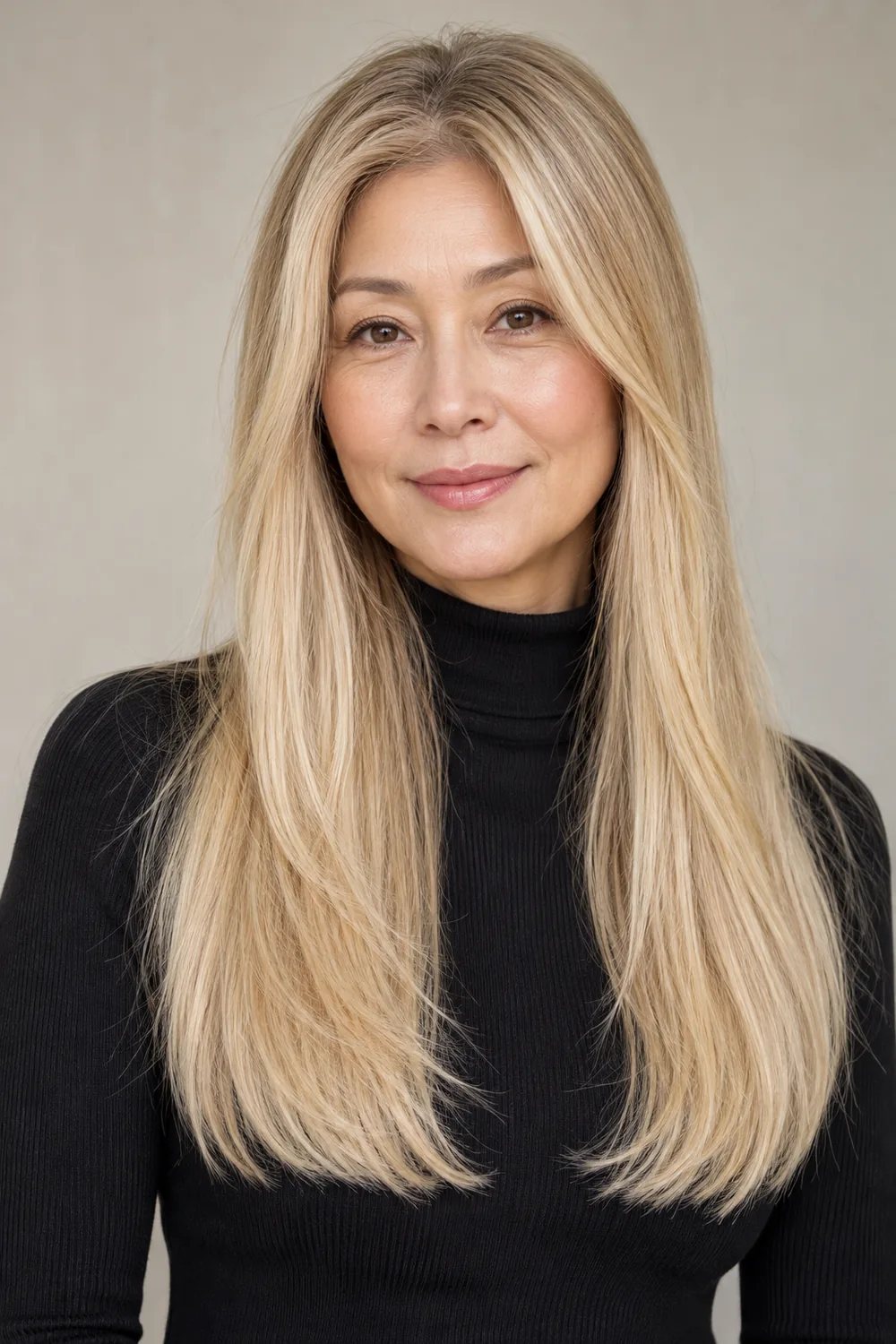 Long straight hair with muted pale blonde lengths and a very soft neutral-beige root melt.