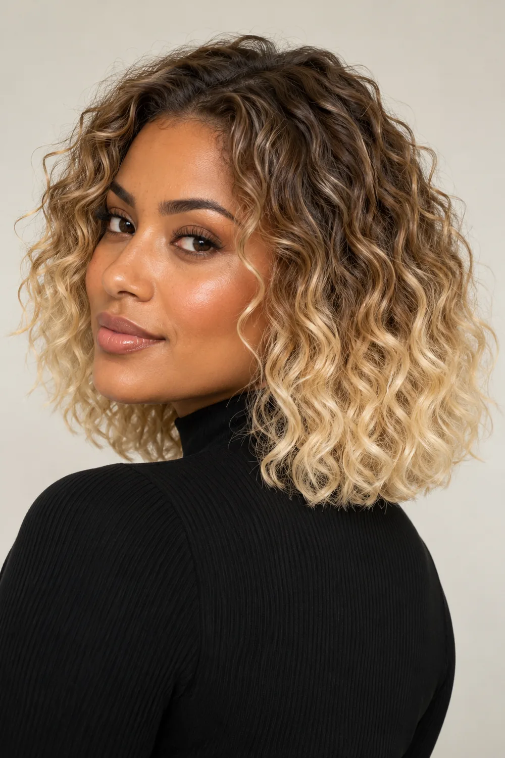 A woman with loose collarbone-length curls transitioning from medium beige roots to pale butter-blonde ends, shown in a three-quarter portrait.