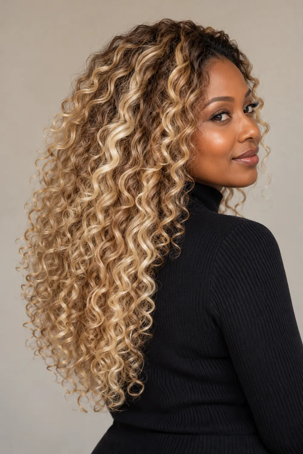 Adult woman in a three-quarter portrait with long, rounded curls, sandy-beige roots, and pale butter-blonde highlights throughout.