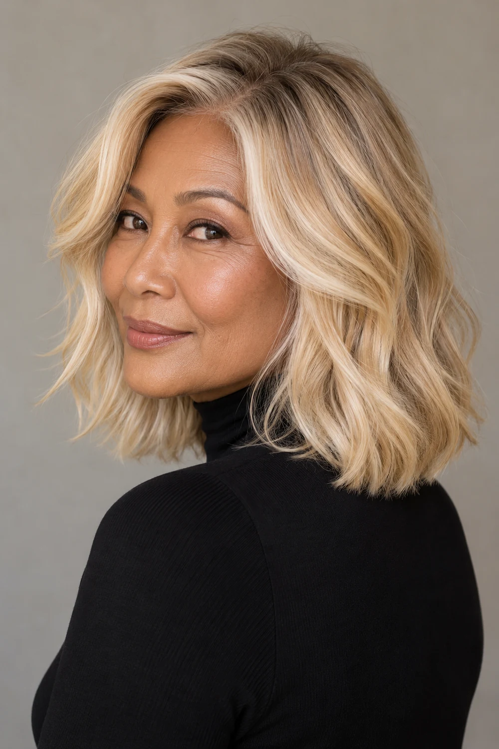A woman with a softly waved pale butter-blonde lob, beige root shadow, and lighter ribbons around the part, wearing a black high-neck top against a neutral background.