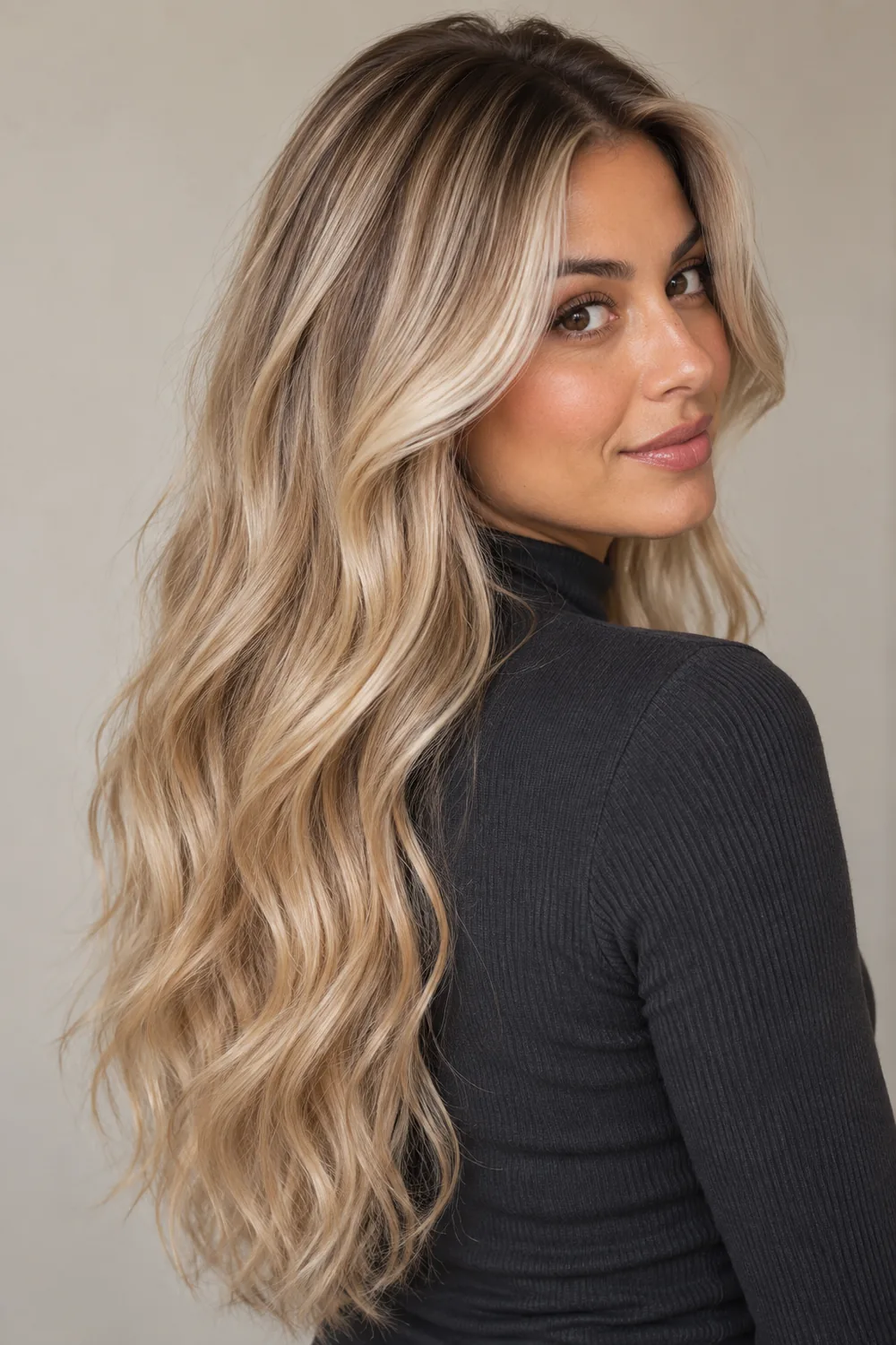 A woman with long loose champagne blonde waves, subtle pearly face-framing highlights, and a deeper beige shadow root fading into luminous ends, wearing a charcoal high-neck top.