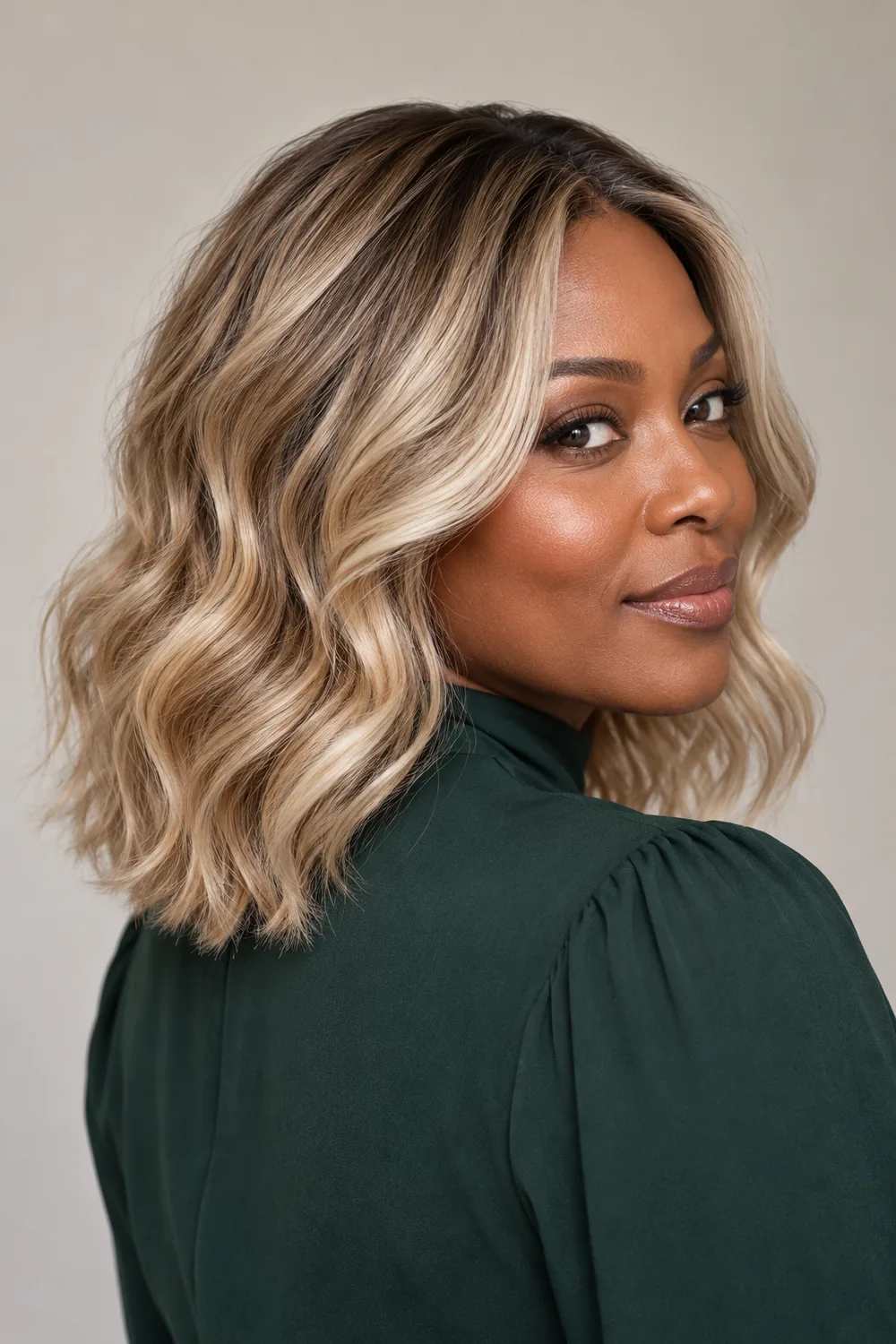 A Black woman in a forest-green high-neck blouse turns to show shoulder-length wavy champagne blonde hair with softly blended dark roots and sandy beige dimension.