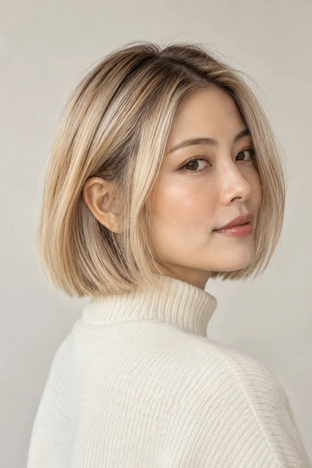 Adult woman with a smooth jaw-length champagne blonde blunt bob, pale beige-gold lengths, and a soft taupe shadow root.