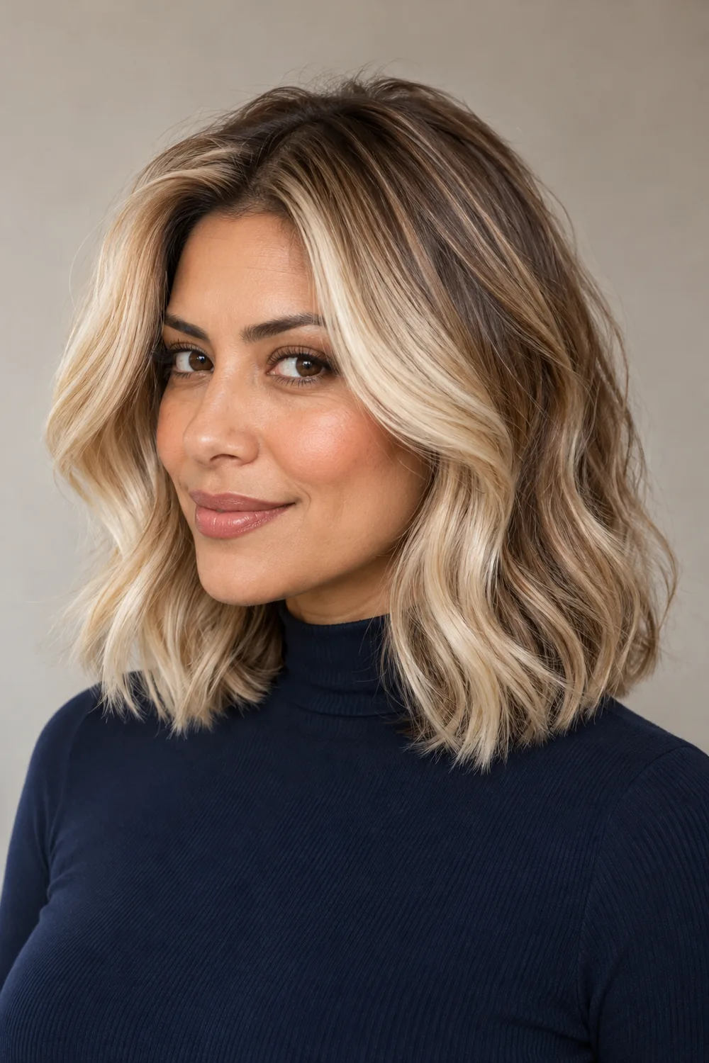 A woman with collarbone-length, softly bent champagne blonde hair, broad pale face-framing panels, and a deeper beige blonde base with shadowed roots.
