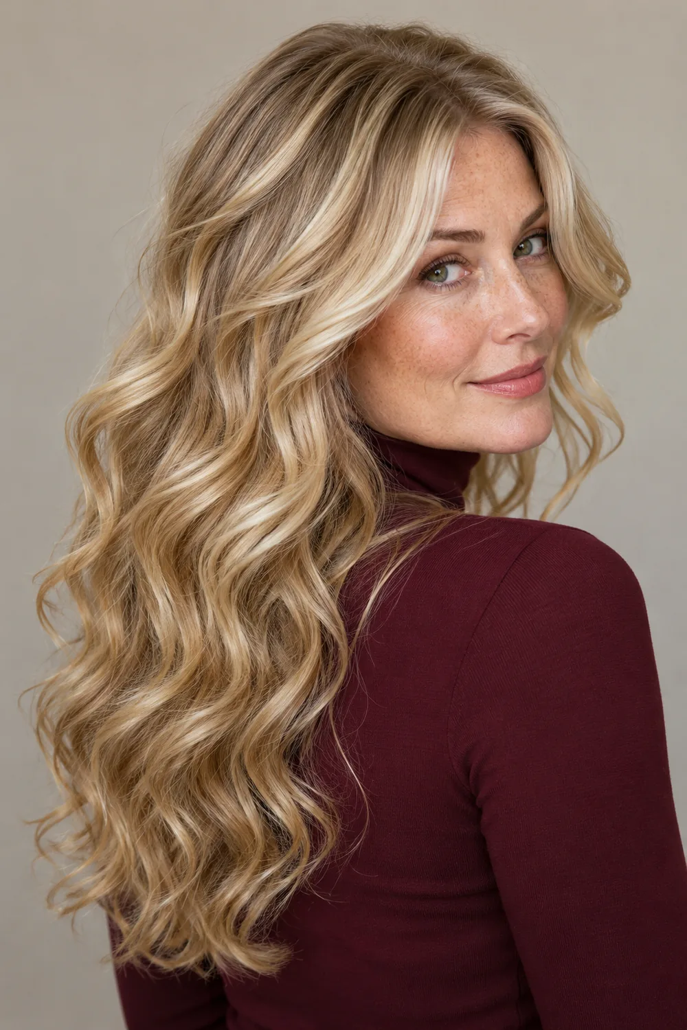 A freckled woman in a burgundy high-neck top looks over her shoulder, showing long loose champagne blonde curls with beige lowlights and brighter highlights.