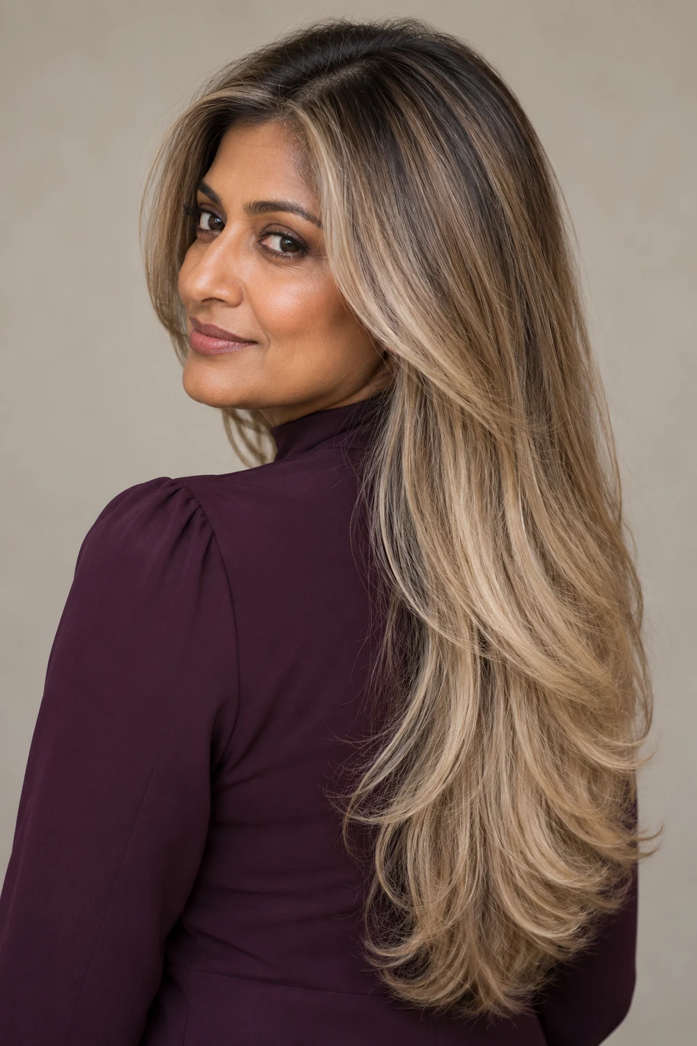 A woman in a plum high-neck blouse with long layered champagne blonde hair, dark beige roots, and lighter pearly ends.